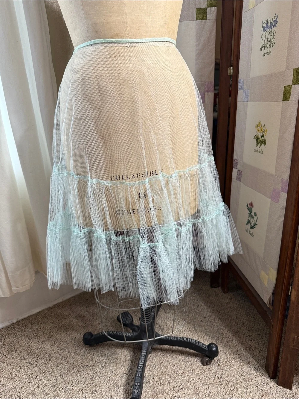 Vintage Aqua Nylon Tulle Petticoat Half Slip 1950s 1960s Heirloom Sewing Netting